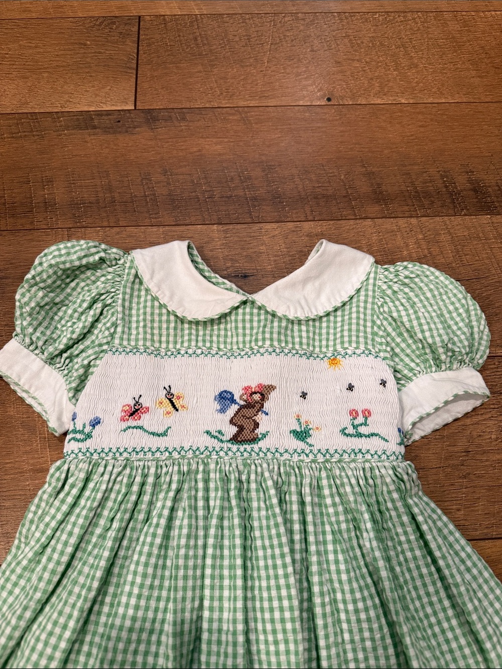 Strasburg Green and White Gingham Smocked Bunny Dress - Picture 2 of 4